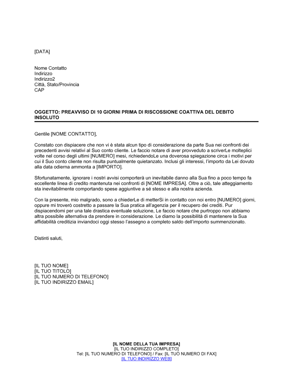 Business-in-a-Box's Preavviso di 10 giorni prima di riscossione coattiva del debito insoluto