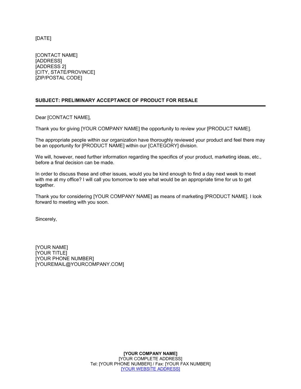 Business-in-a-Box's Preliminary Acceptance of Product for Resale Template