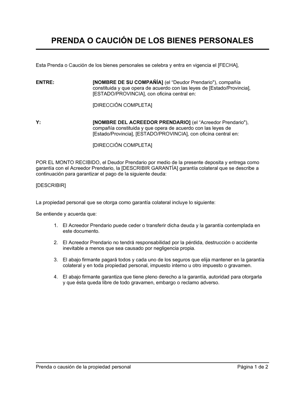 Business-in-a-Box's Prenda o caución de los bienes personales