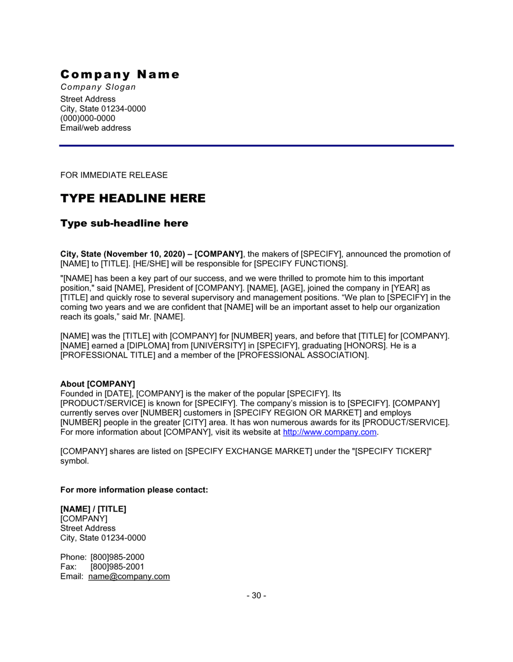 Press Release Promotion Of Employee Template By Business in a Box 