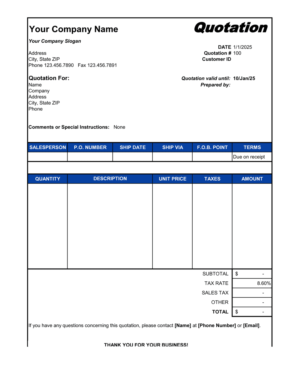 Price Quotation Template By Business In A Box