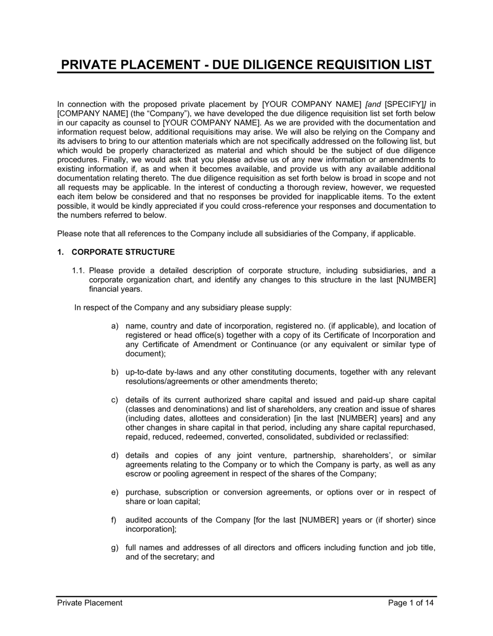 Business-in-a-Box's Private Placement_due Diligence Requisition List Template