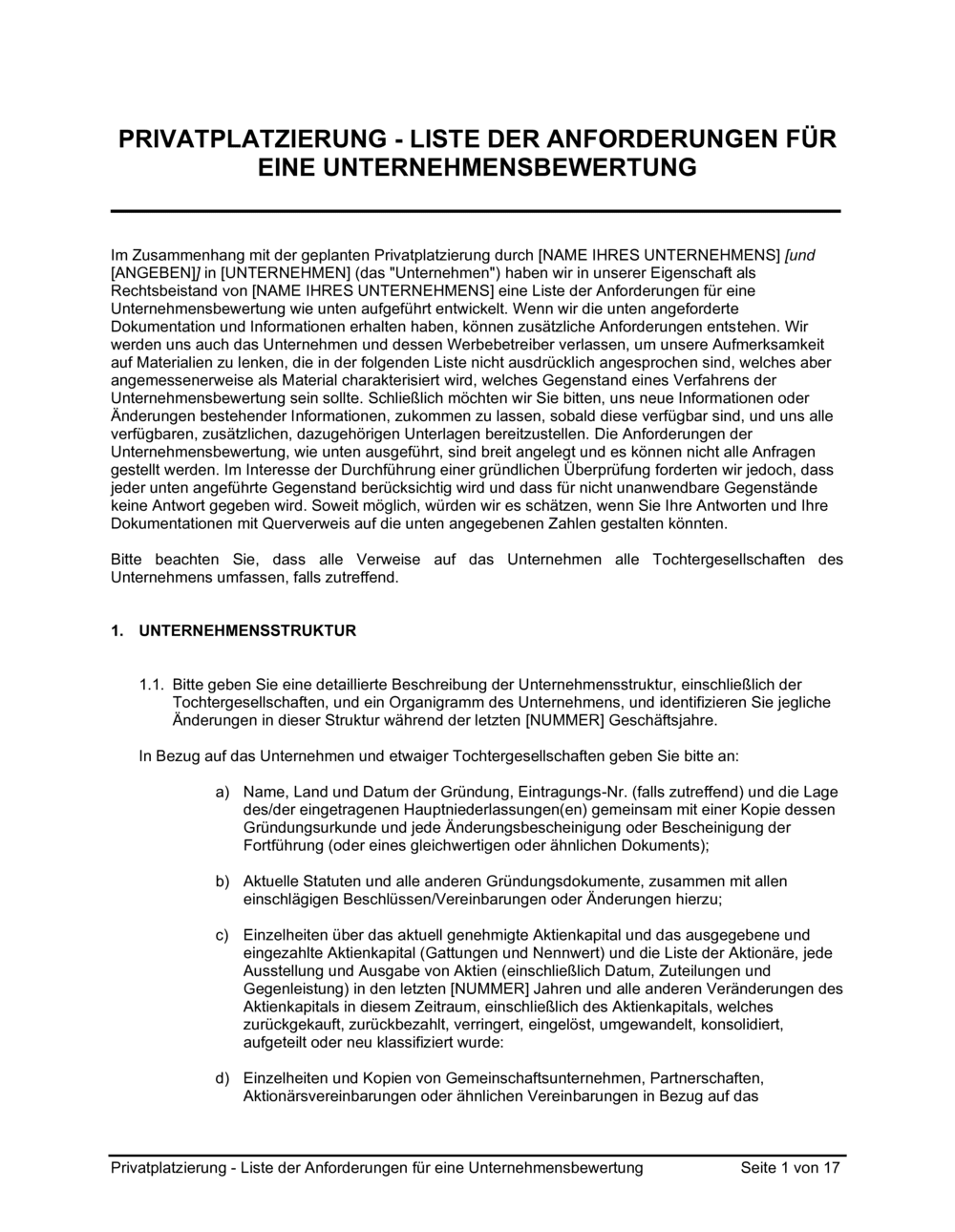 Business-in-a-Box's Privatplatzierung Liste der Anforderungen für eine Unternehmensbewertung