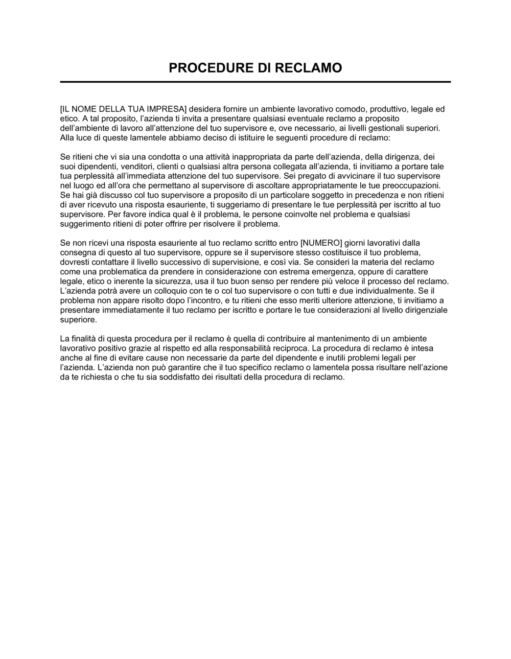 Business-in-a-Box's Procedure di reclamo