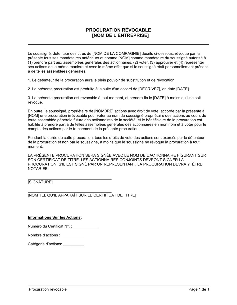 Business-in-a-Box's Procuration révocable