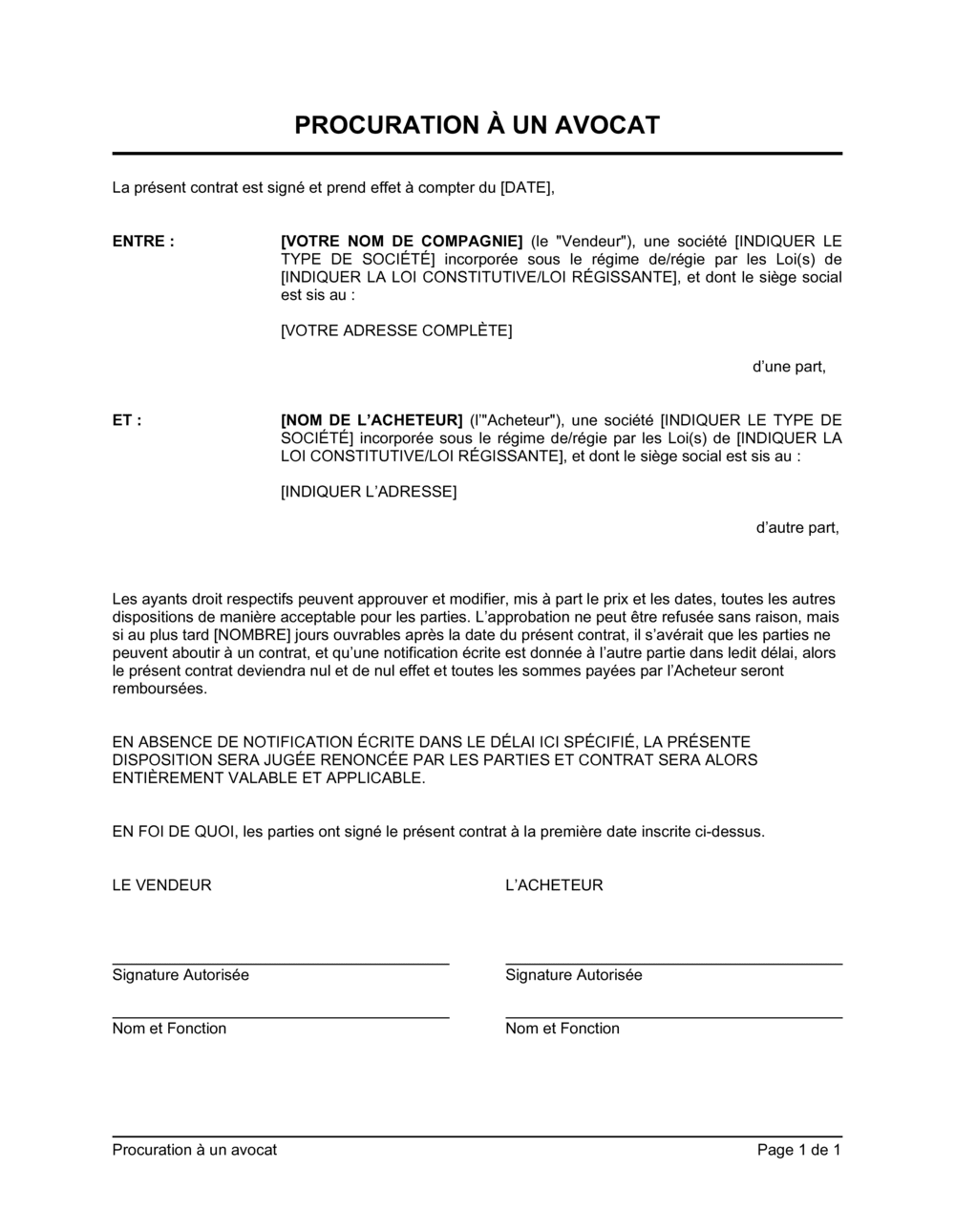 Business-in-a-Box's Procuration à un avocat