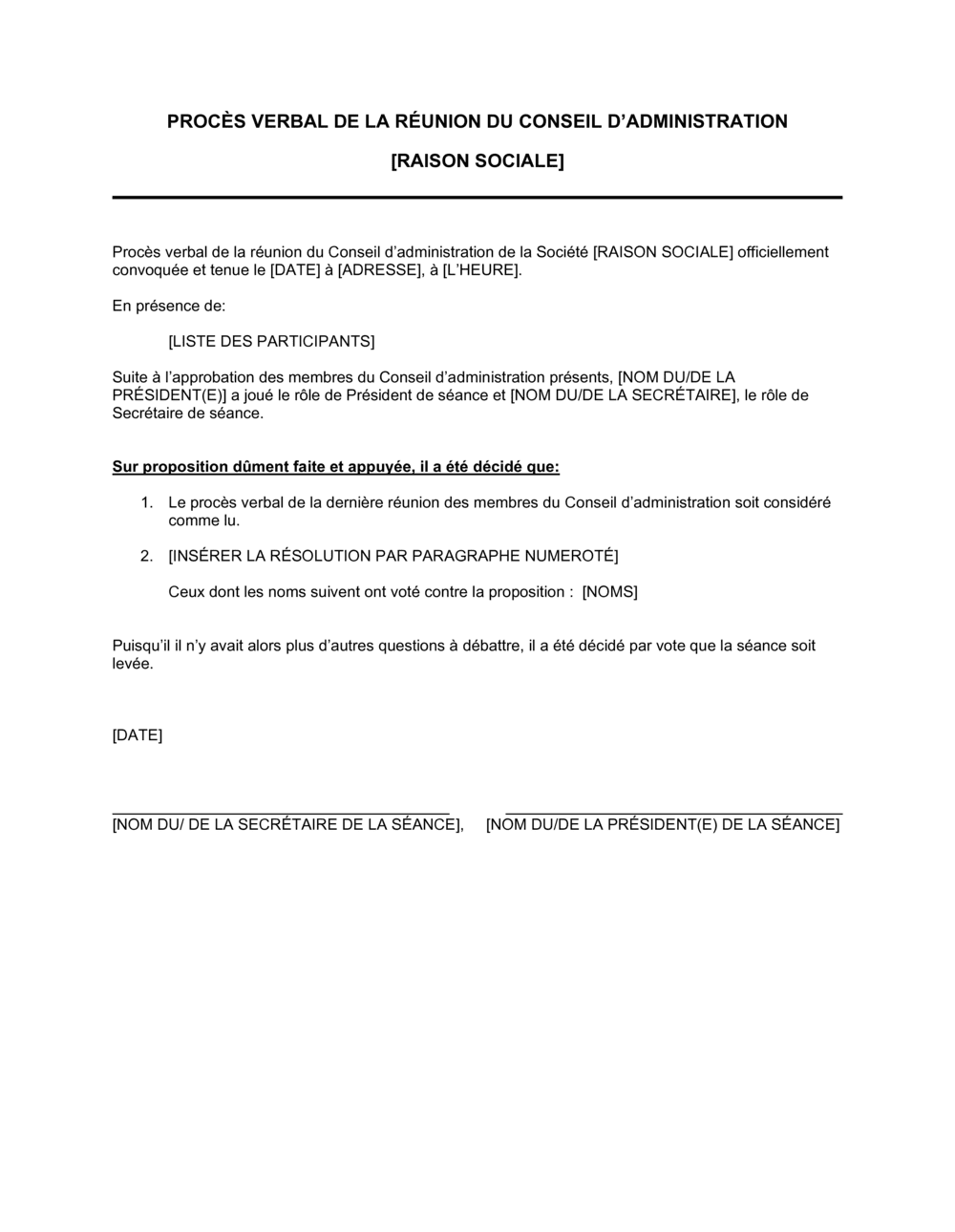 Business-in-a-Box's Procès verbal d'une réunion du CA