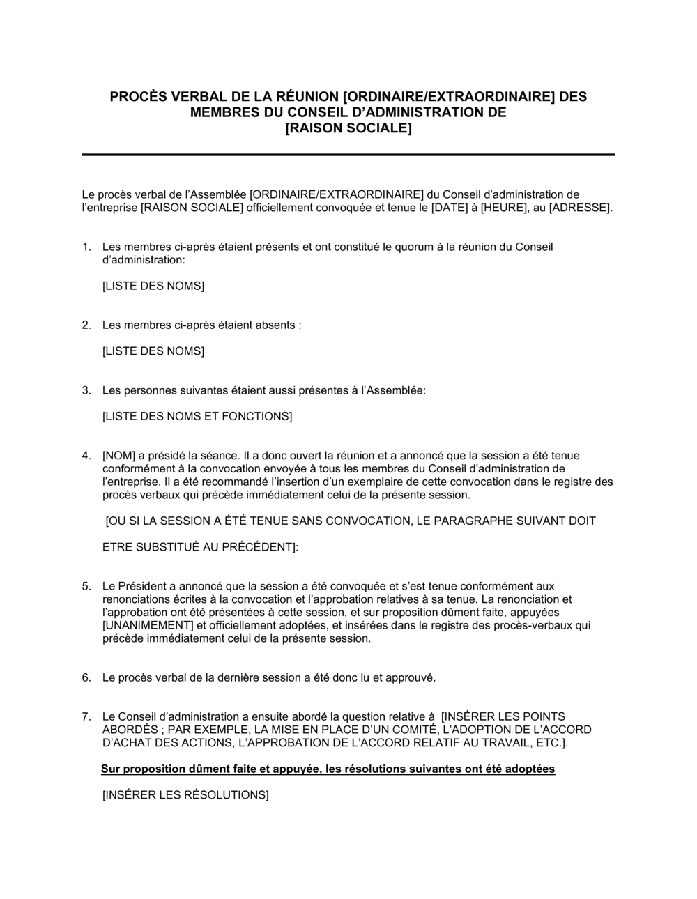 Business-in-a-Box's Procès verbal d'une réunion ordinaire du CA