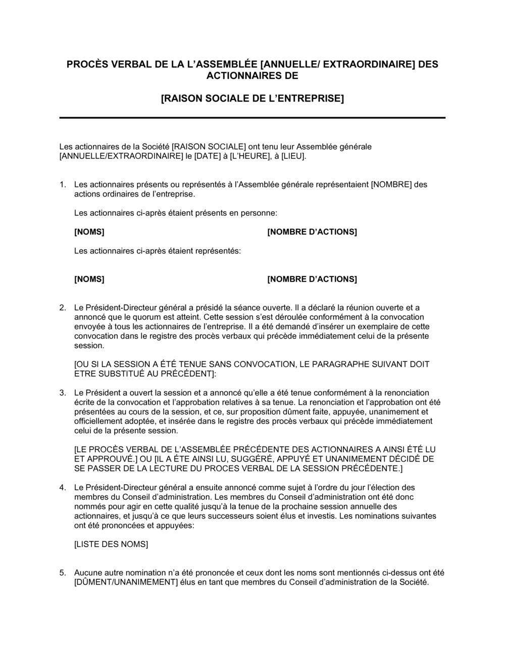 Business-in-a-Box's Procès verbal de l'assemblée générale des actionnaires
