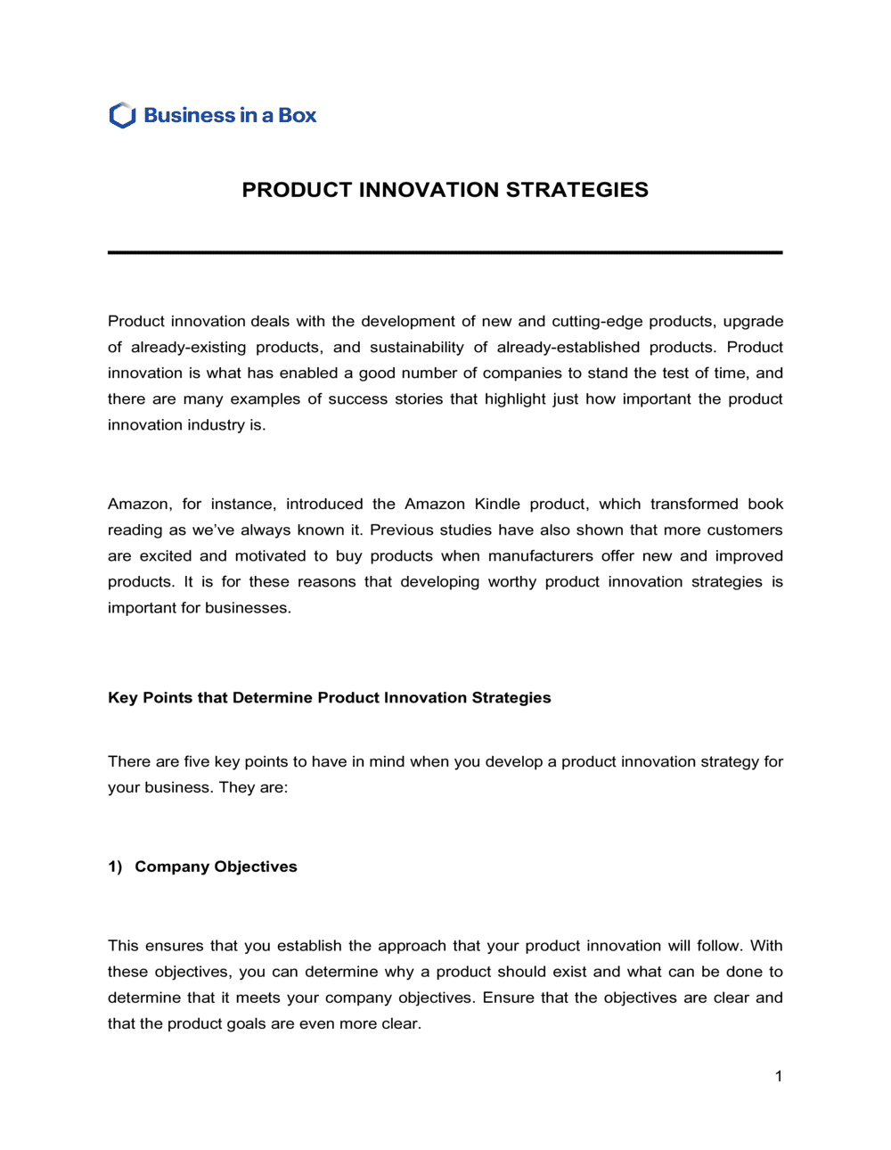 Business-in-a-Box's Product Innovation Strategies Template