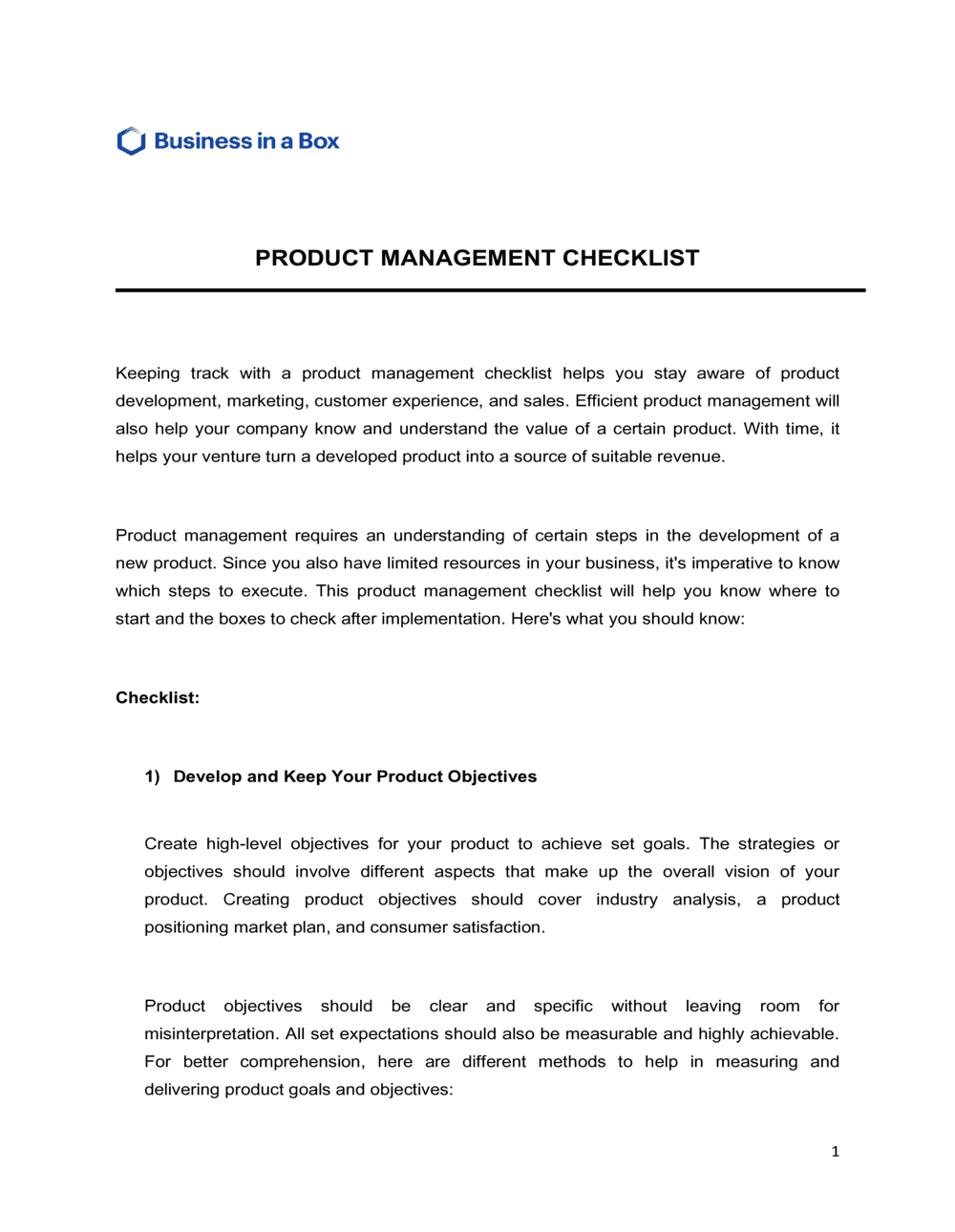 Business-in-a-Box's Product Management Checklist Template