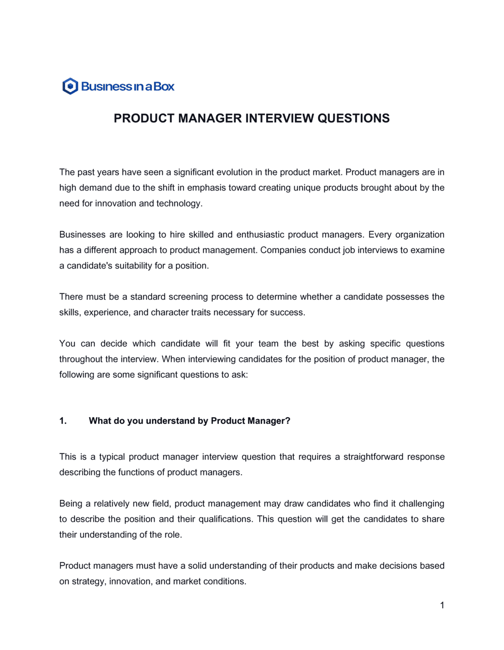 Business-in-a-Box's Product Manager Interview Questions Template