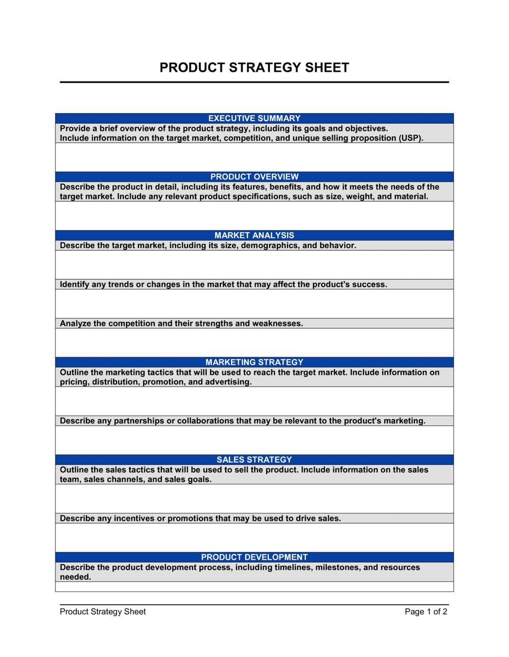 Business-in-a-Box's Product Strategy Sheet Template