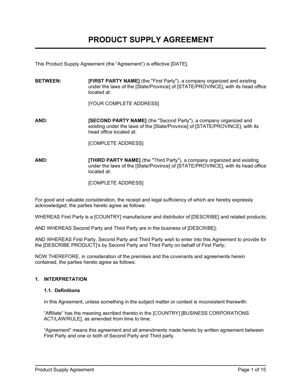 Product Supply Agreement Template Free Printable Templates