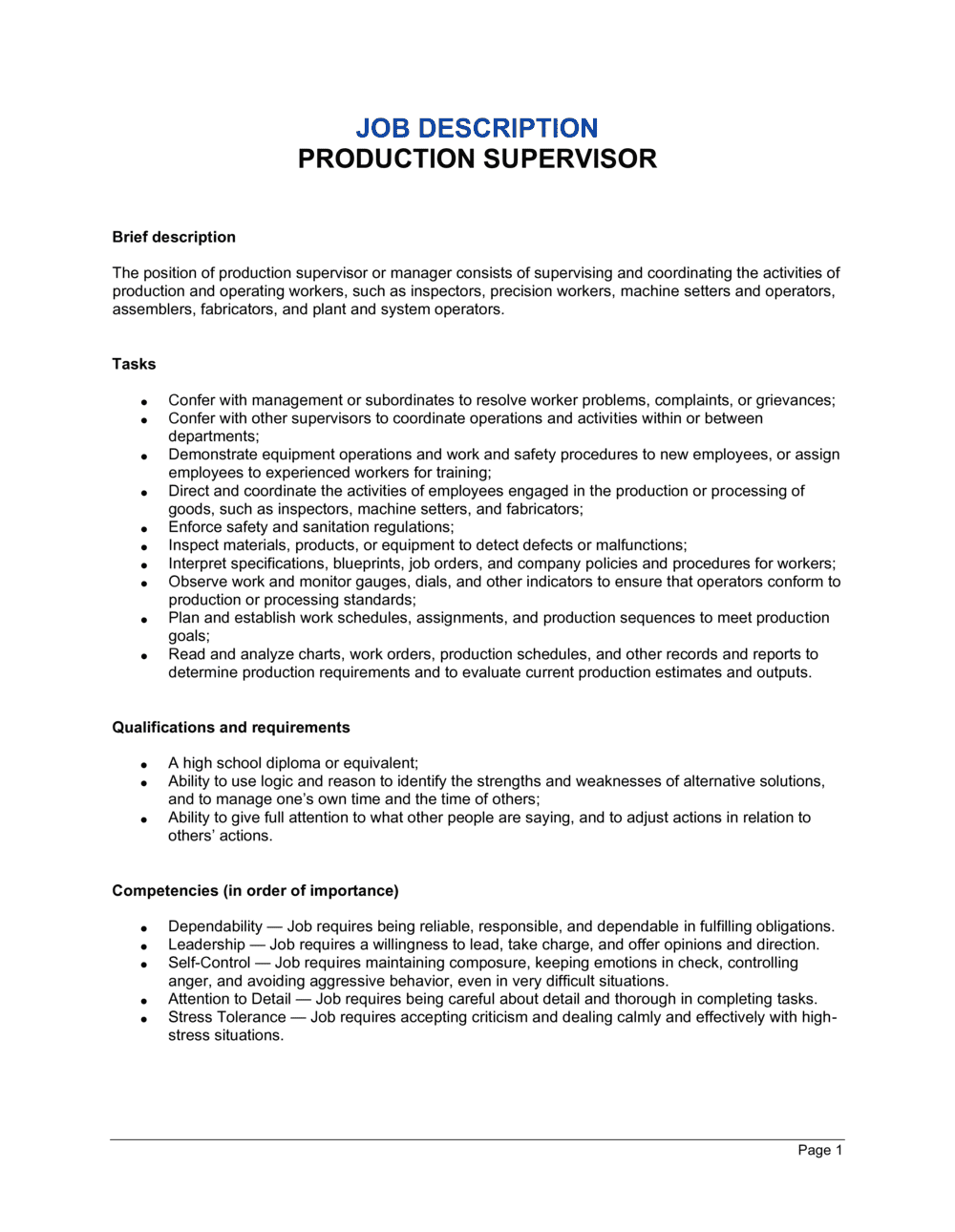 Production Supervisor Job Description For Resume