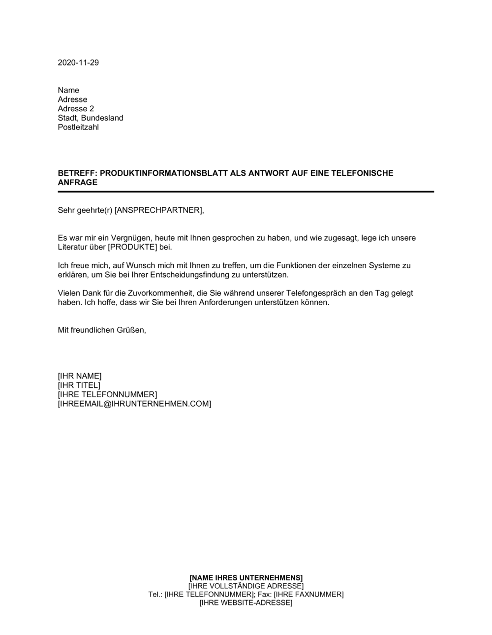 Business-in-a-Box's Produktinformationsblatt als Antwort auf eine telefonische Anfrage