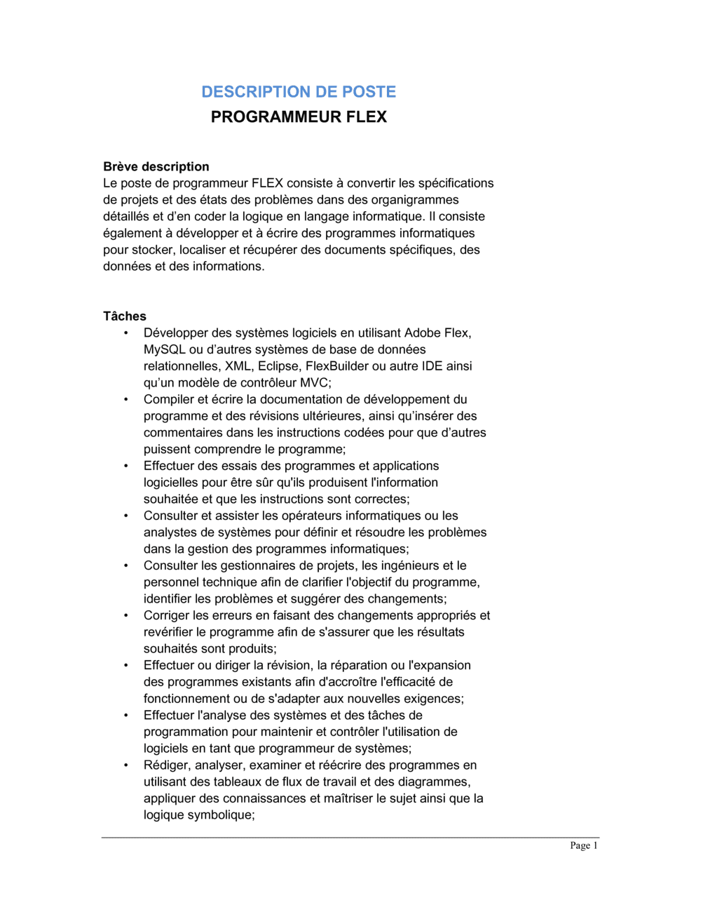 Business-in-a-Box's Programmeur Flex Description de poste