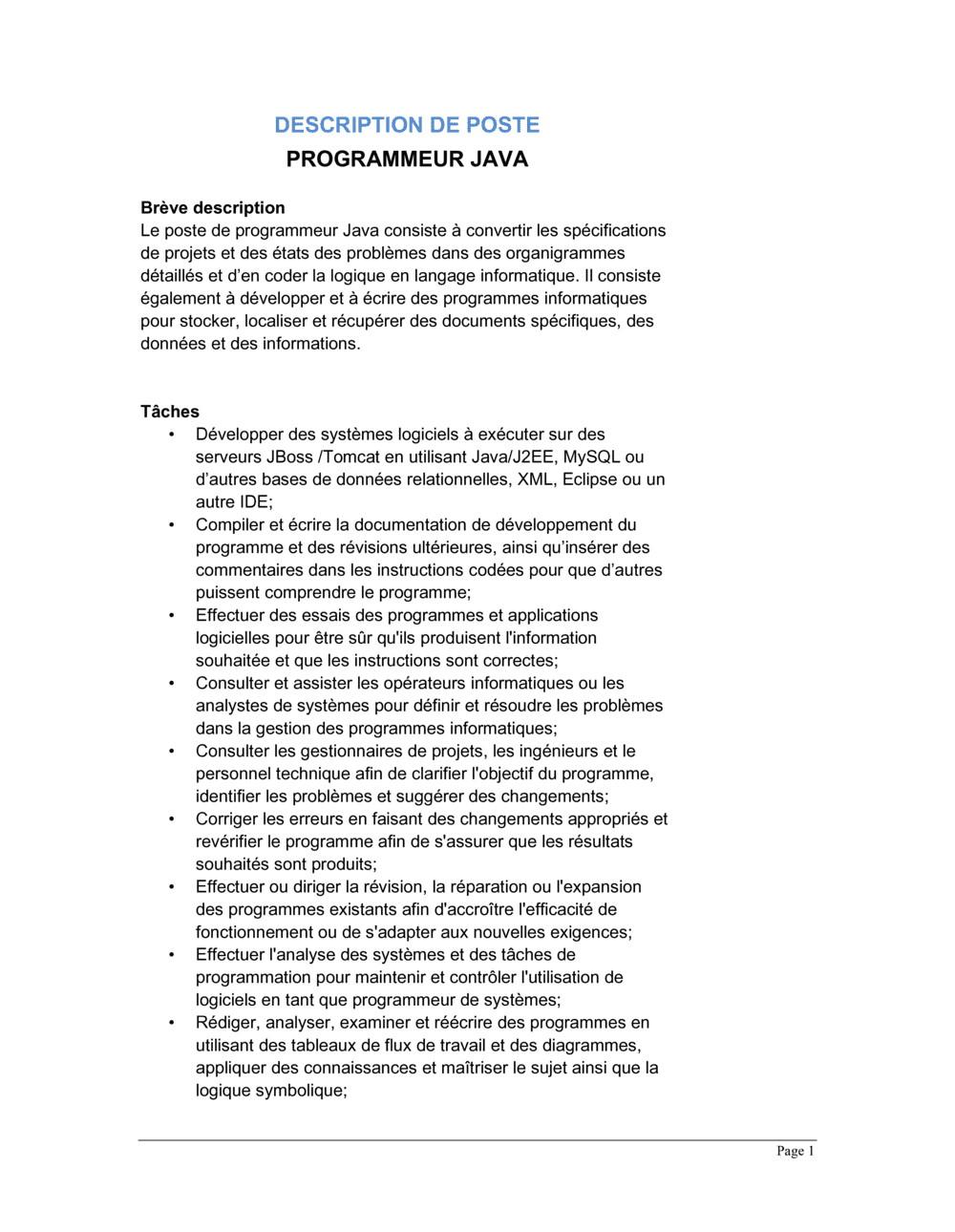 Business-in-a-Box's Programmeur Java Description de poste