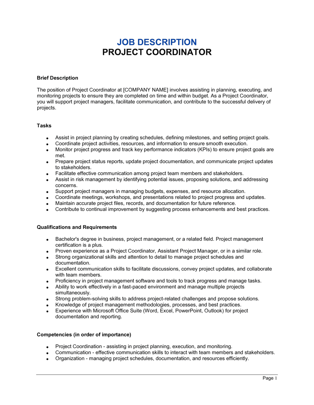 Business-in-a-Box's Project Coordinator Job Description Template