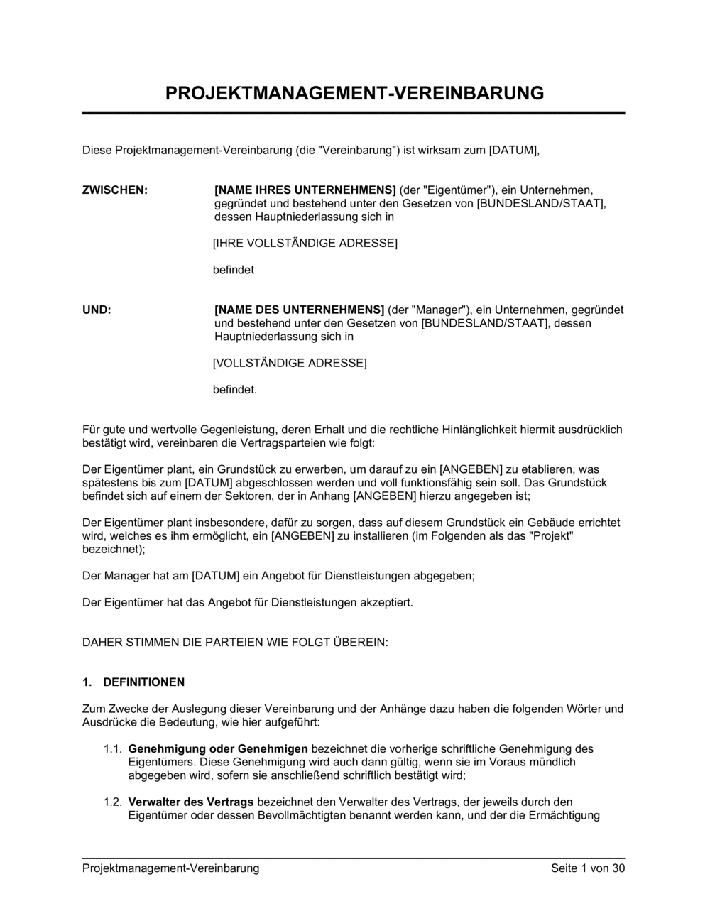 Business-in-a-Box's Projektmanagement-Vereinbarung