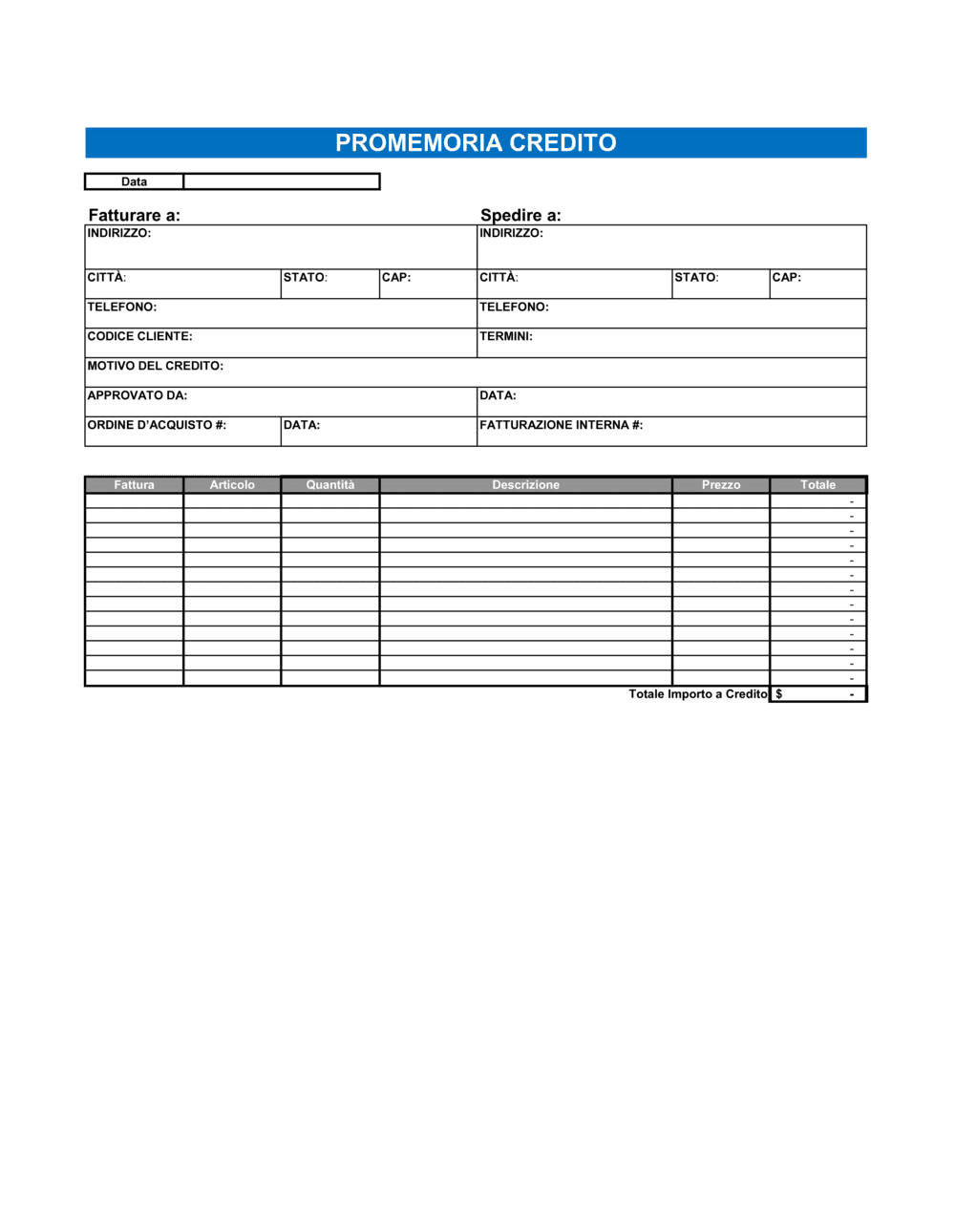 Business-in-a-Box's Promemoria credito - excel