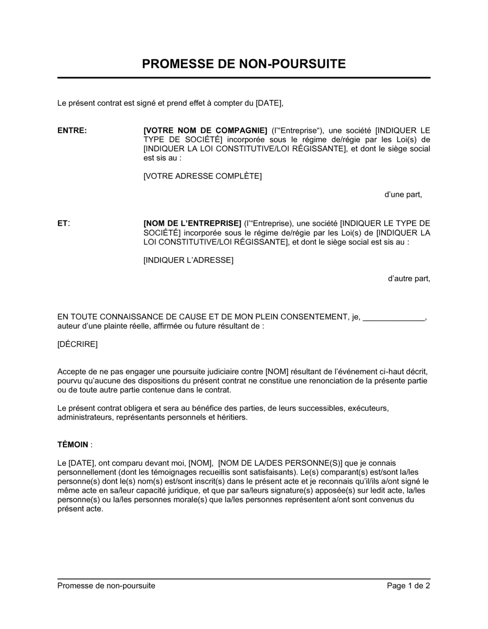 Business-in-a-Box's Promesse de non-poursuite