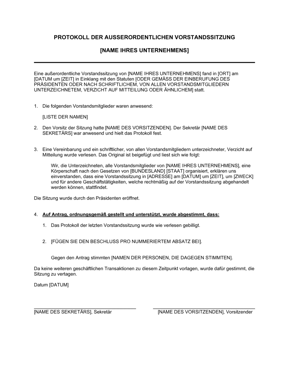 Business-in-a-Box's Protokoll Der Ausserordentlichen Vorstandssitzung