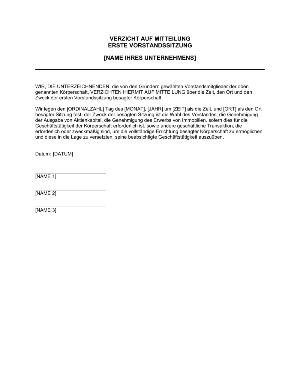 Business-in-a-Box's Protokoll der ersten Vorstandssitzung