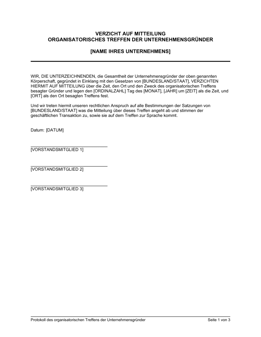 Business-in-a-Box's Protokoll des organisatorischen Treffens der Unternehmensgründer