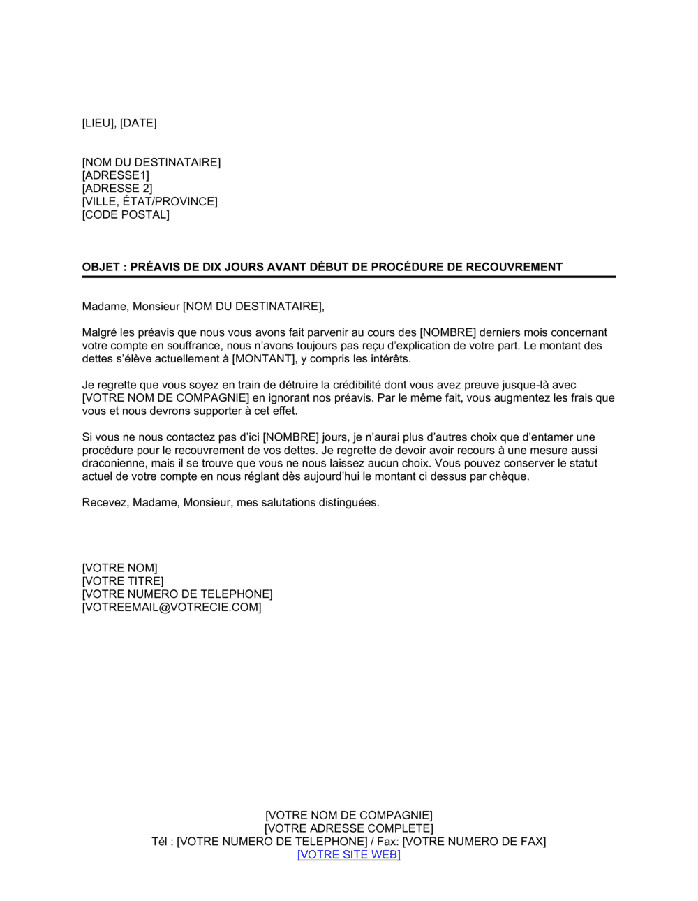 Business-in-a-Box's Préavis de 10 jours avant début de procédure de recouvrement
