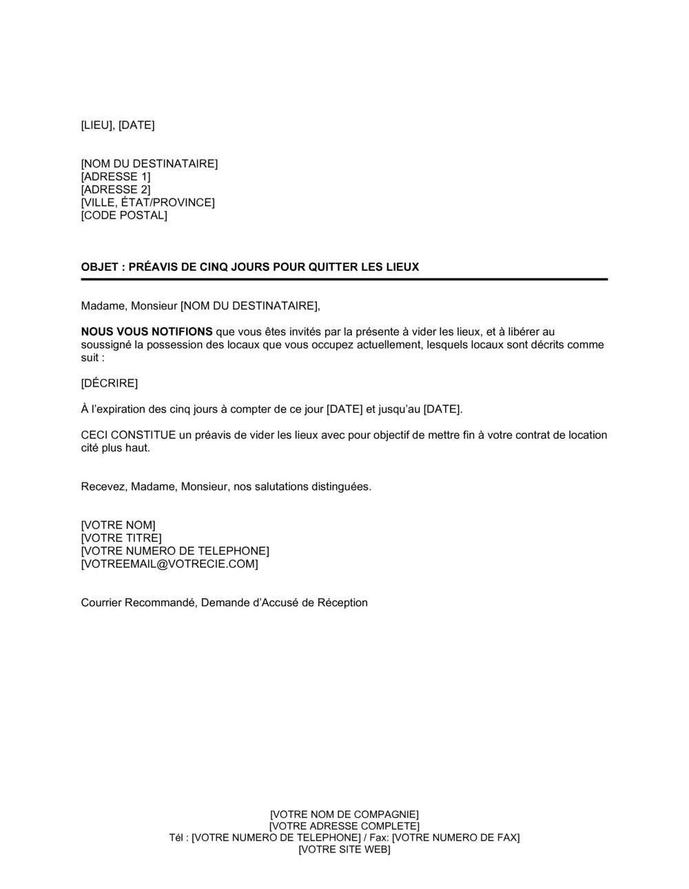 Business-in-a-Box's Préavis de 5 jours pour quitter les lieux