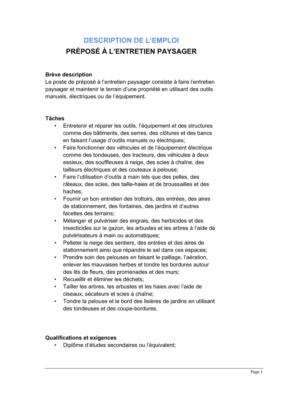 Business-in-a-Box's Préposé à l'entretien paysager Description de poste
