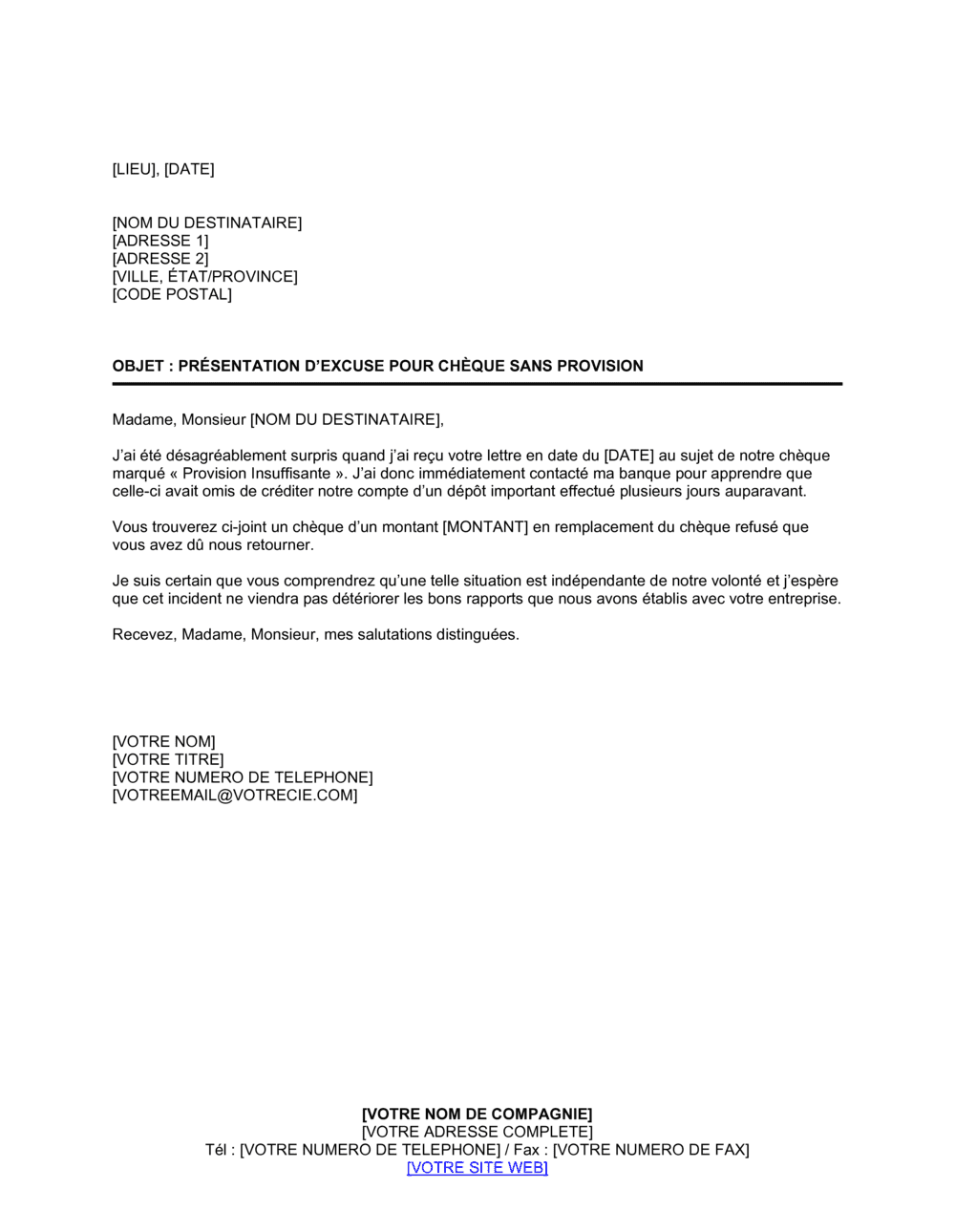Business-in-a-Box's Présentation d'excuse pour chèque sans provision
