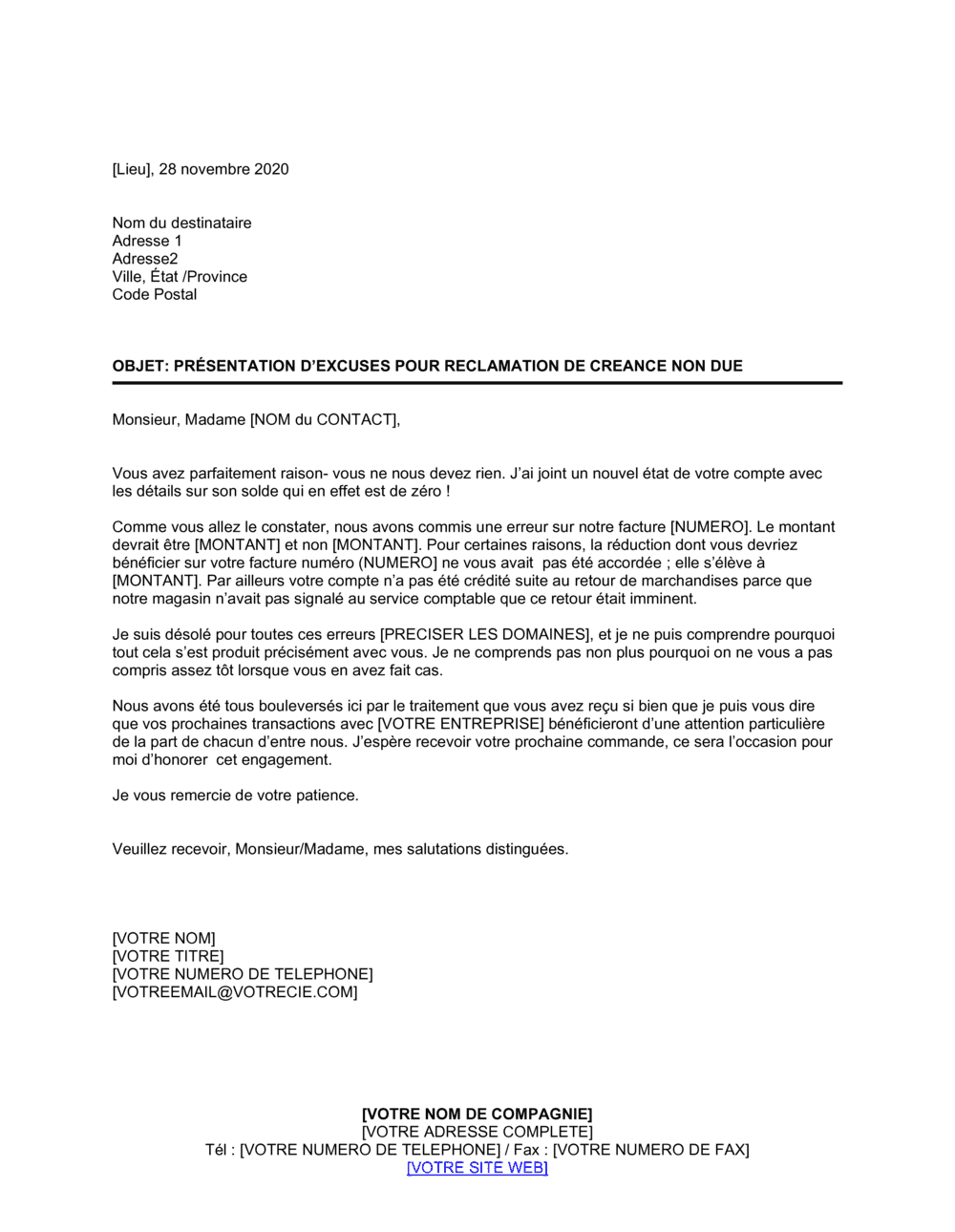 Business-in-a-Box's Présentation d'excuses pour réclamation de créance non dûe