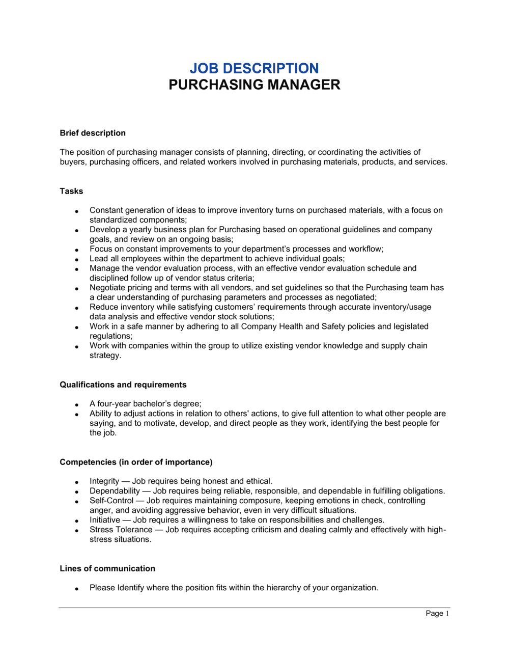 Purchasing Manager Job Description Template By Business in a Box 