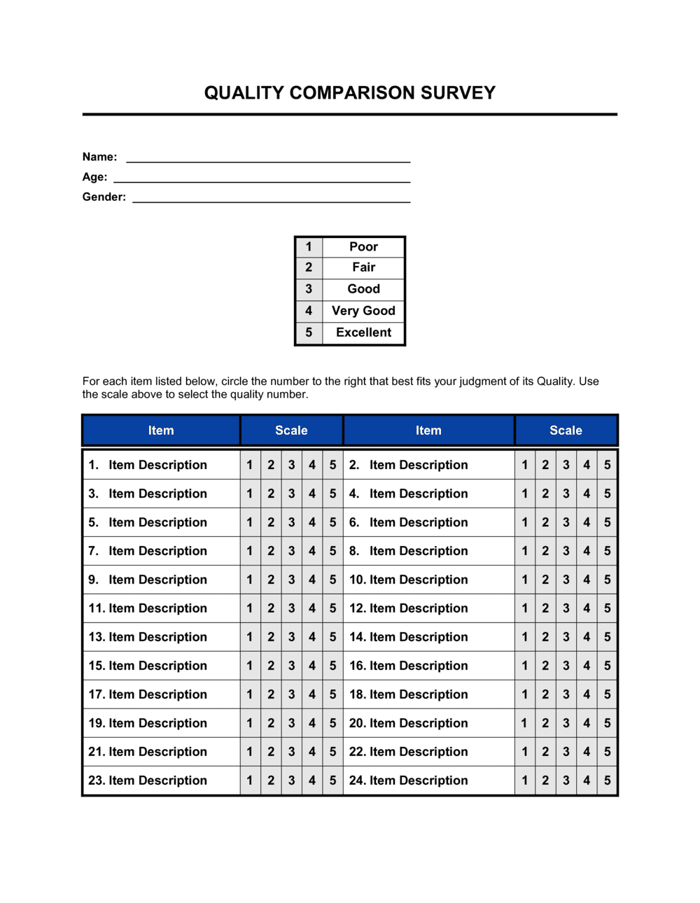 Business-in-a-Box's Quality Comparison Survey Template