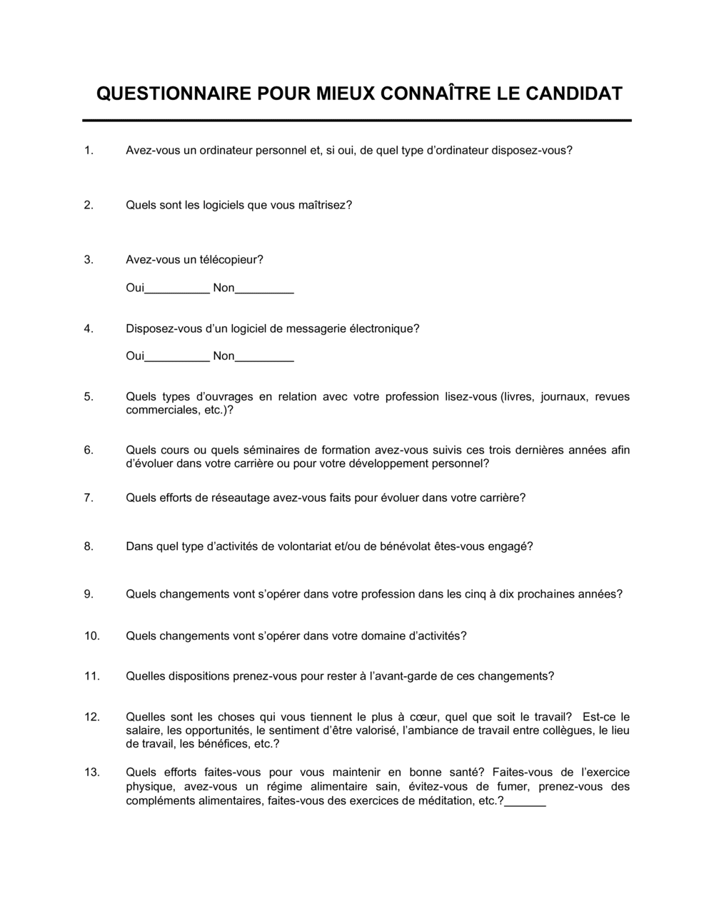 Business-in-a-Box's Questionnaire Pour mieux connaître le candidat