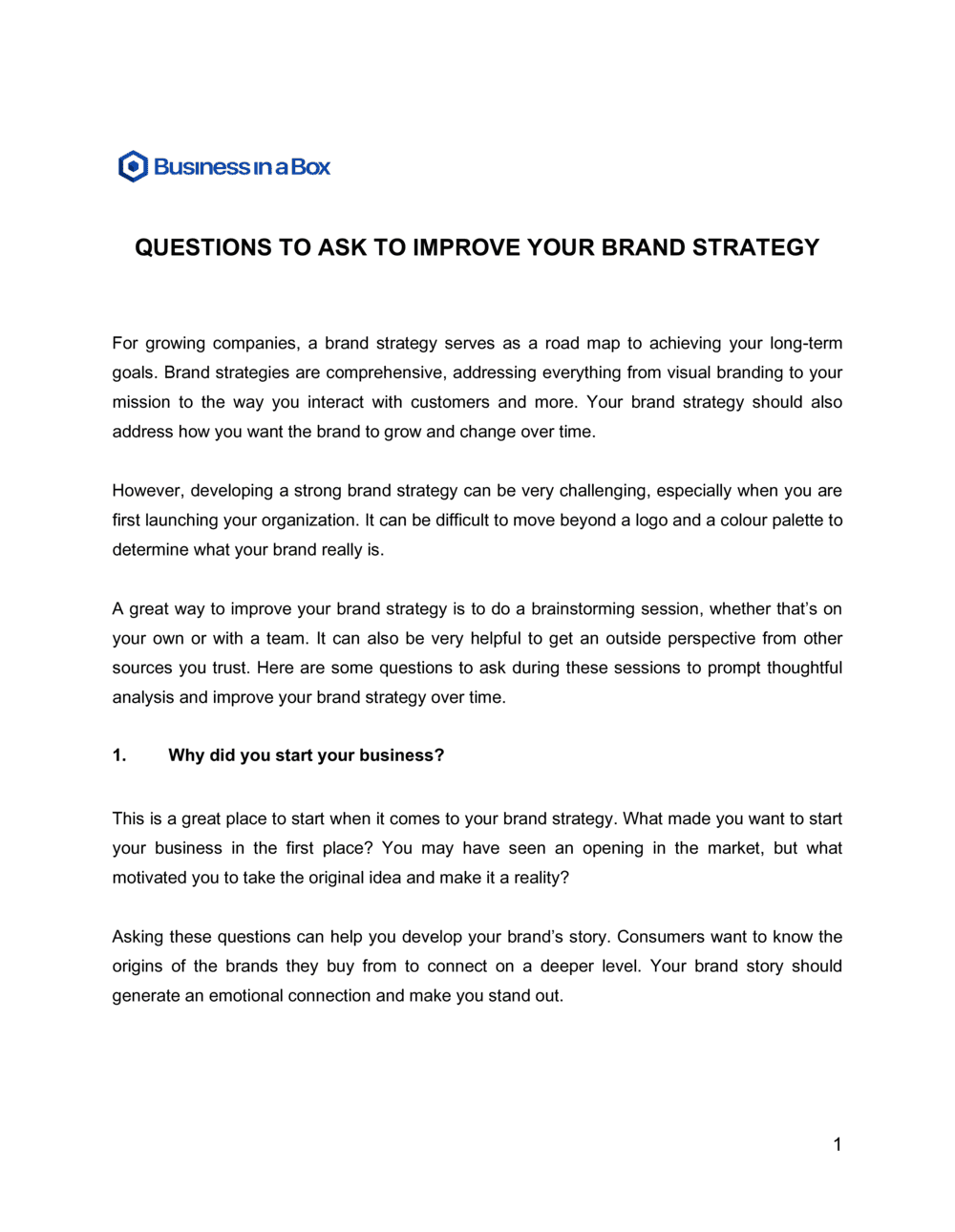 Business-in-a-Box's Questions To Ask To Improve Your Brand Strategy Template