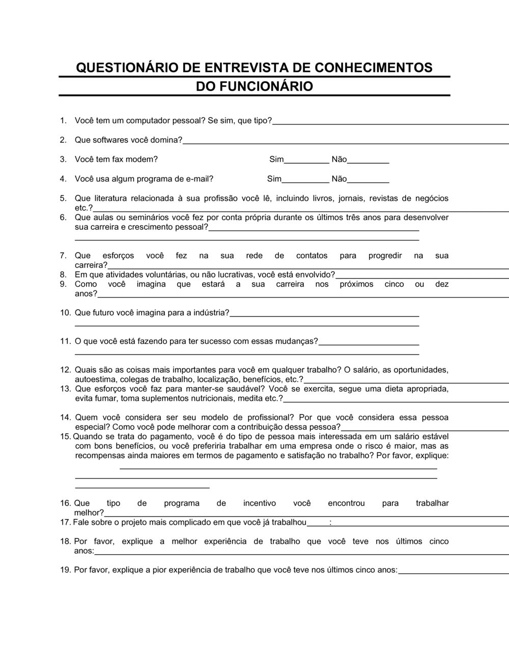Business-in-a-Box's Questionário de Entrevista de Conhecimento do Trabalhador