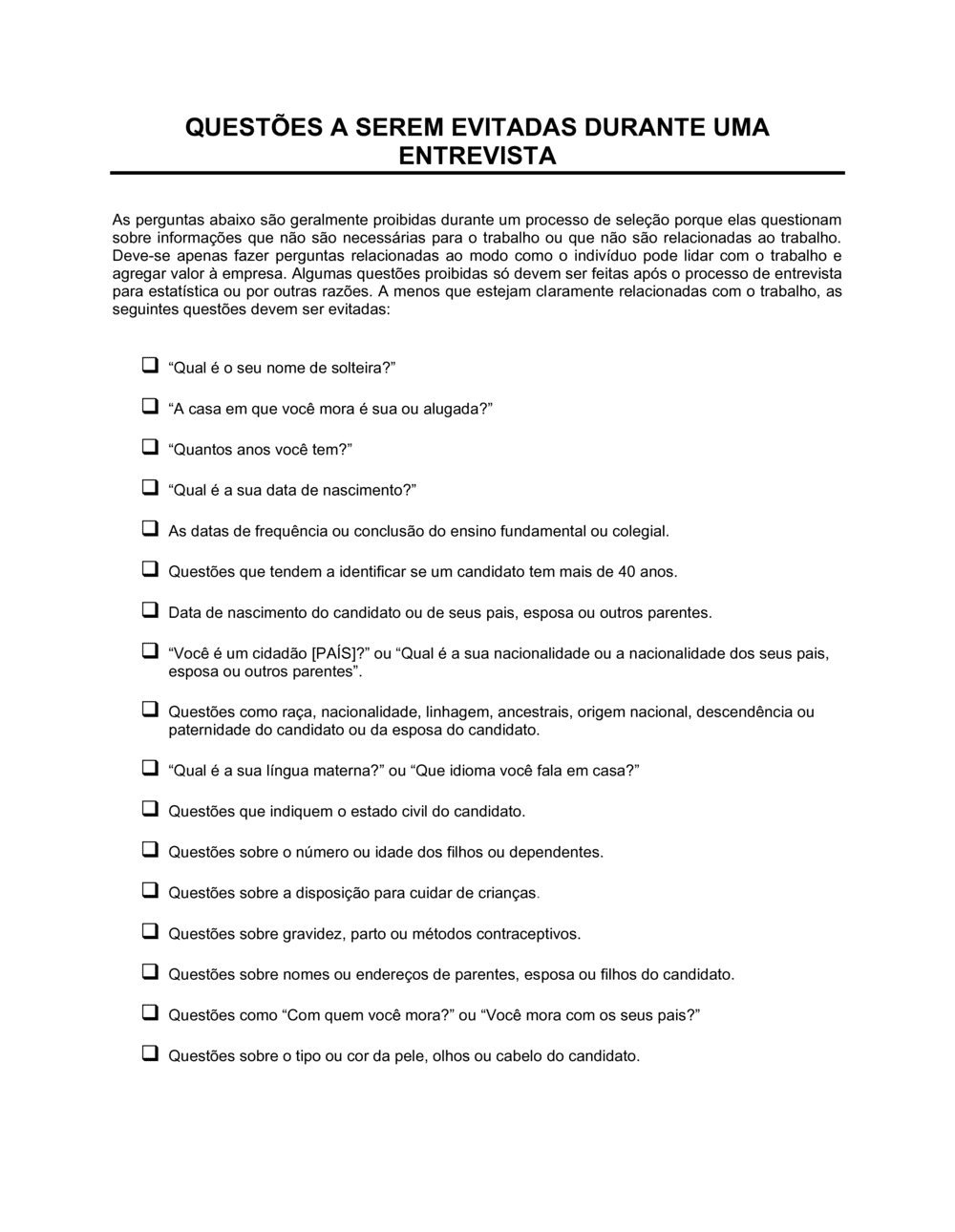 Business-in-a-Box's Questões para Evitar Durante uma Entrevista