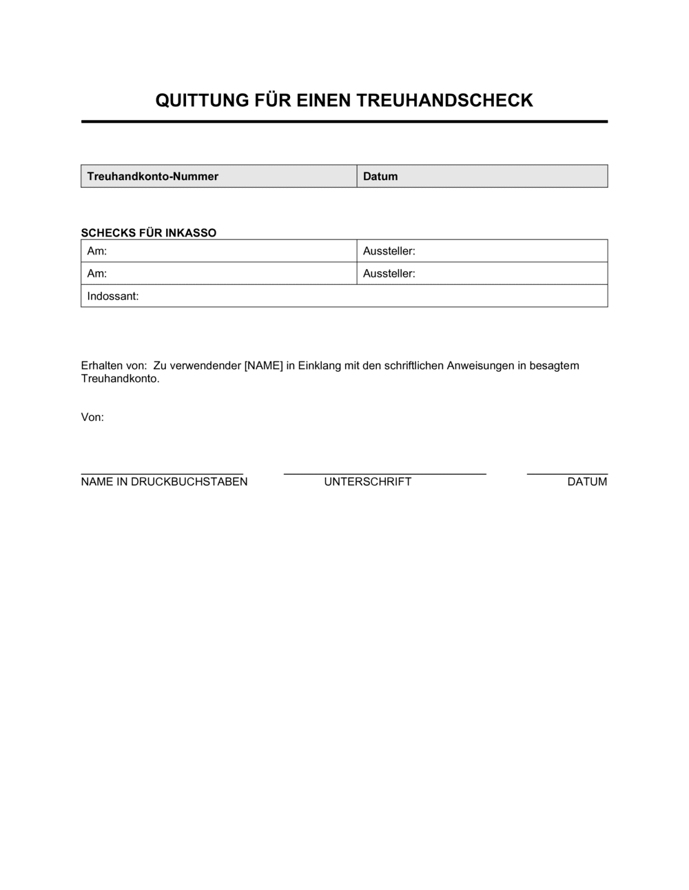 Business-in-a-Box's Quittung für einen Treuhandscheck