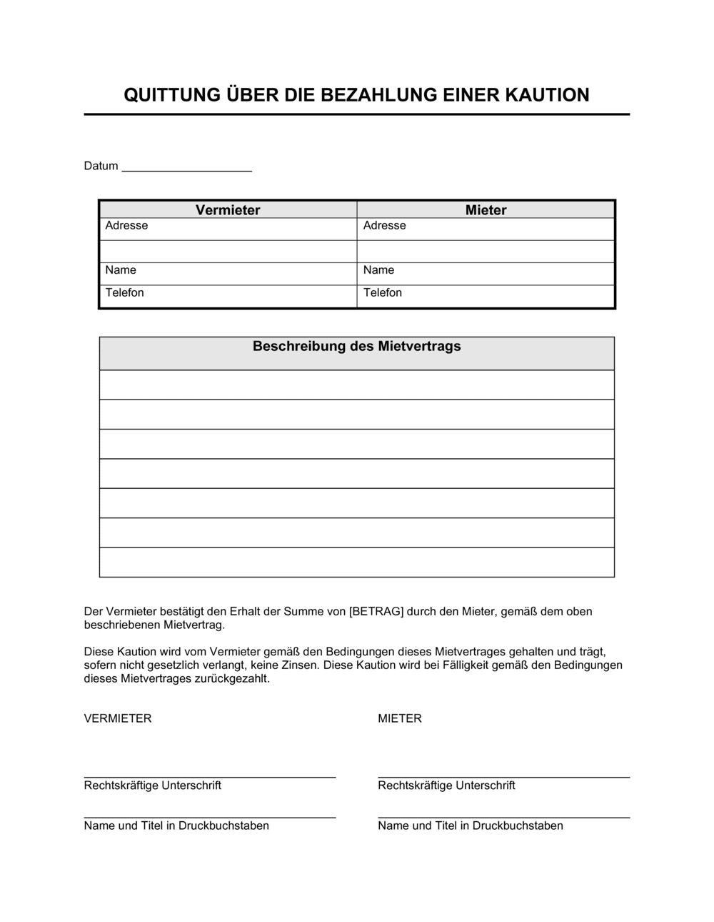 Business-in-a-Box's Quittung über die Bezahlung einer Kaution