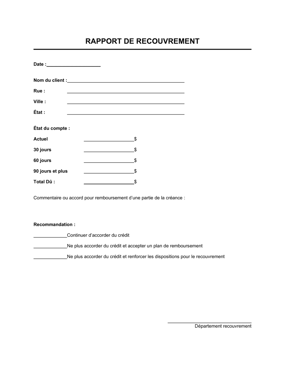 Business-in-a-Box's Rapport de recouvrement