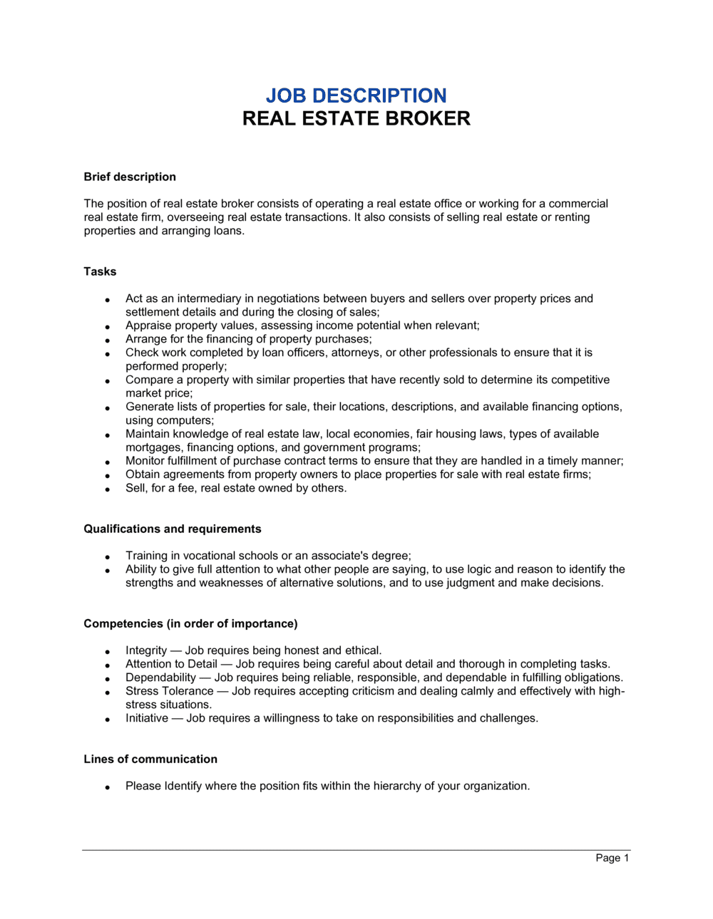 Real Estate Broker Job Description Template  by Business-in-a-Box™