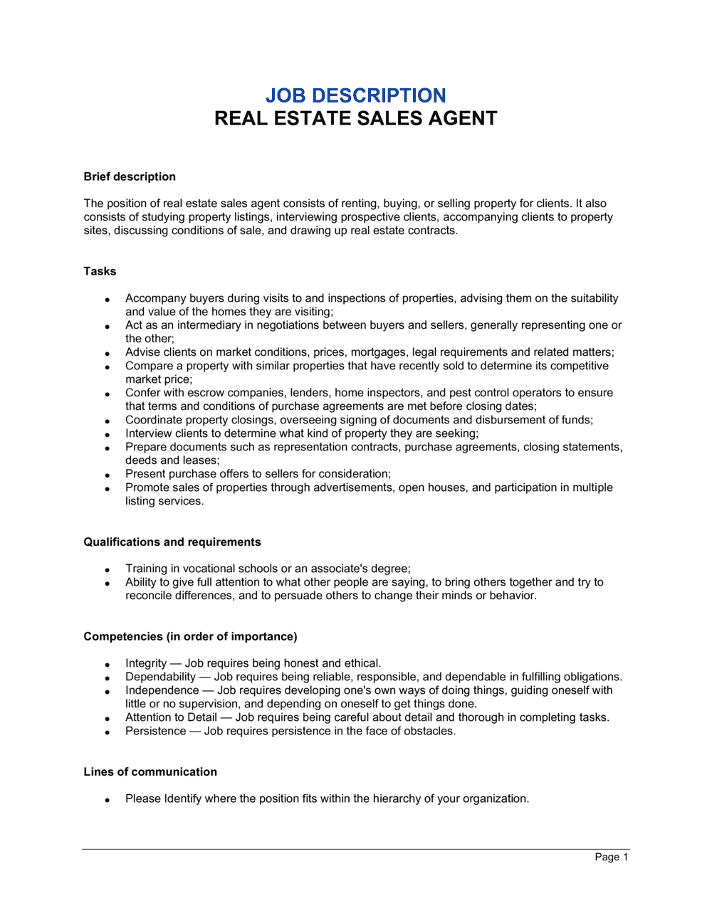 Real Estate Sales Agent Job Description Template By Business in a Box 