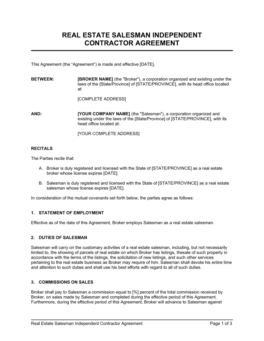 real estate independent contractor agreement template