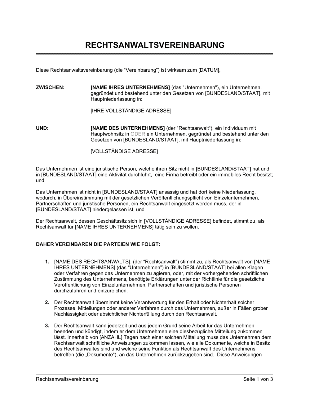 Business-in-a-Box's Rechtsanwaltsvereinbarung