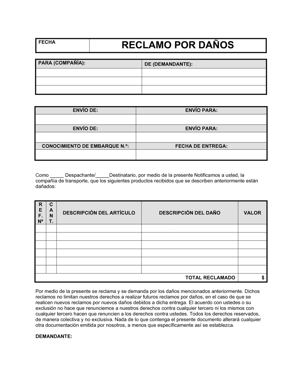 Business-in-a-Box's Reclamo por daños en la mercadería enviada