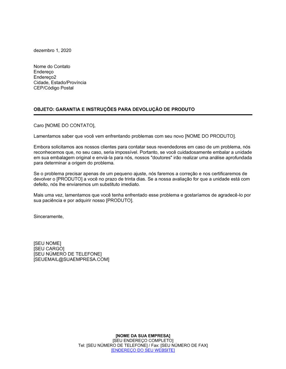 Business-in-a-Box's Reconhecimento da Garantia e Instrução Para Devolução do Produto