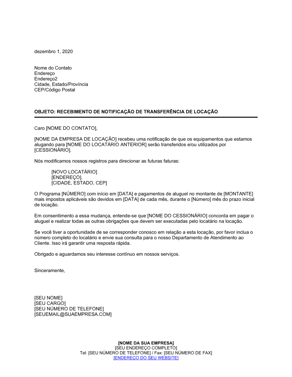 Business-in-a-Box's Reconhecimento de Aviso da Transferência de Concessão